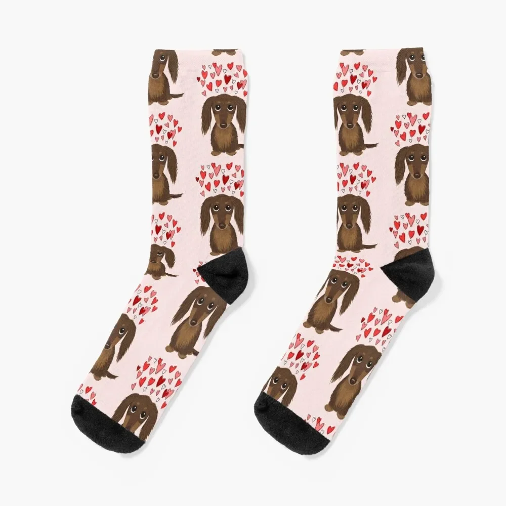 

Longhaired Chocolate Dachshund Cartoon Dog with Valentine Hearts Socks with print cycling Antiskid soccer Socks Women's Men's