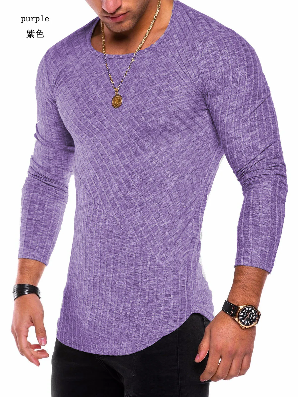 Men\'s Knitted Thin Base Sweater with Curved Hem Design Round Neck Tight Fit  Elastic Long Sleeved T-shirt Thin Sweater