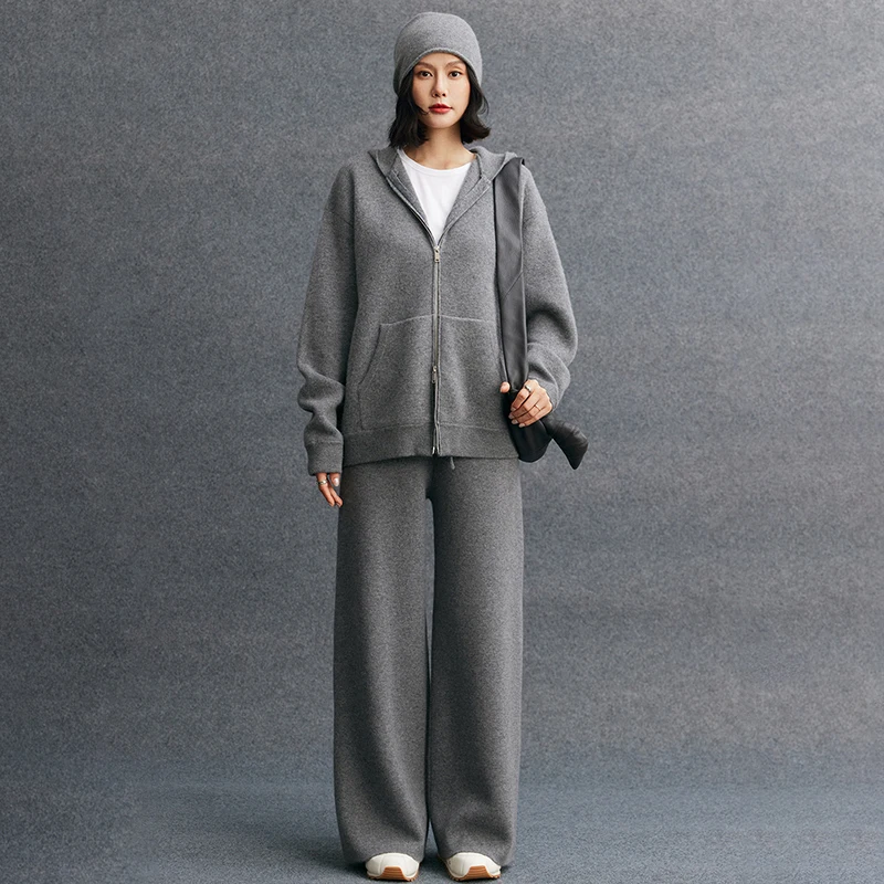 Women's Matching Set 100% Cashmere Air Layer Zipper Hooded Cardigan Casual Solid Color Knitted Straight Leg Pants Two-Piece Set