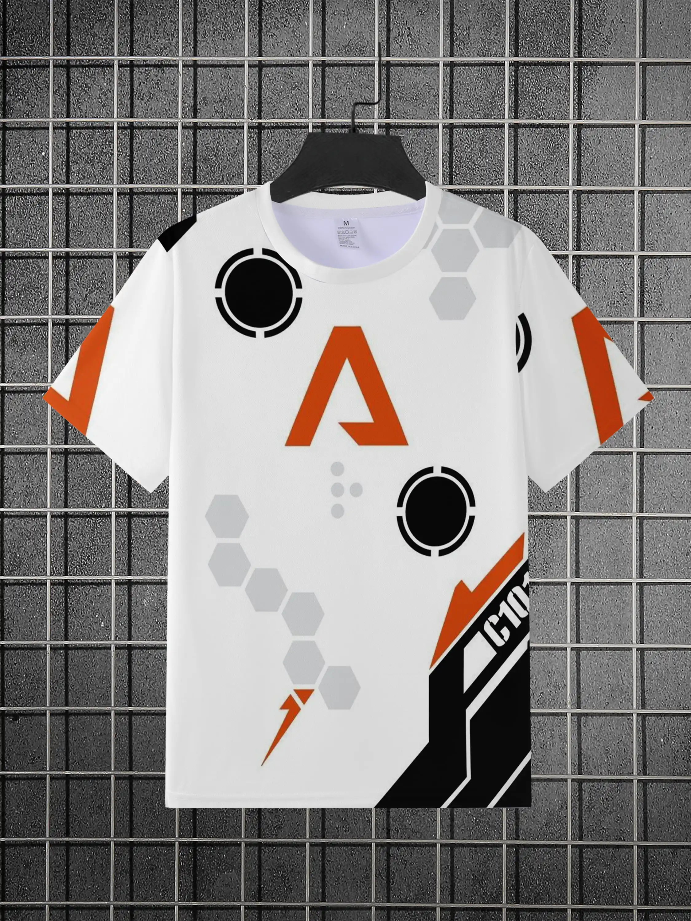 Men Letter A Hexagon Lightning Circle Orange Black White Print Short Sleeve T-shirt