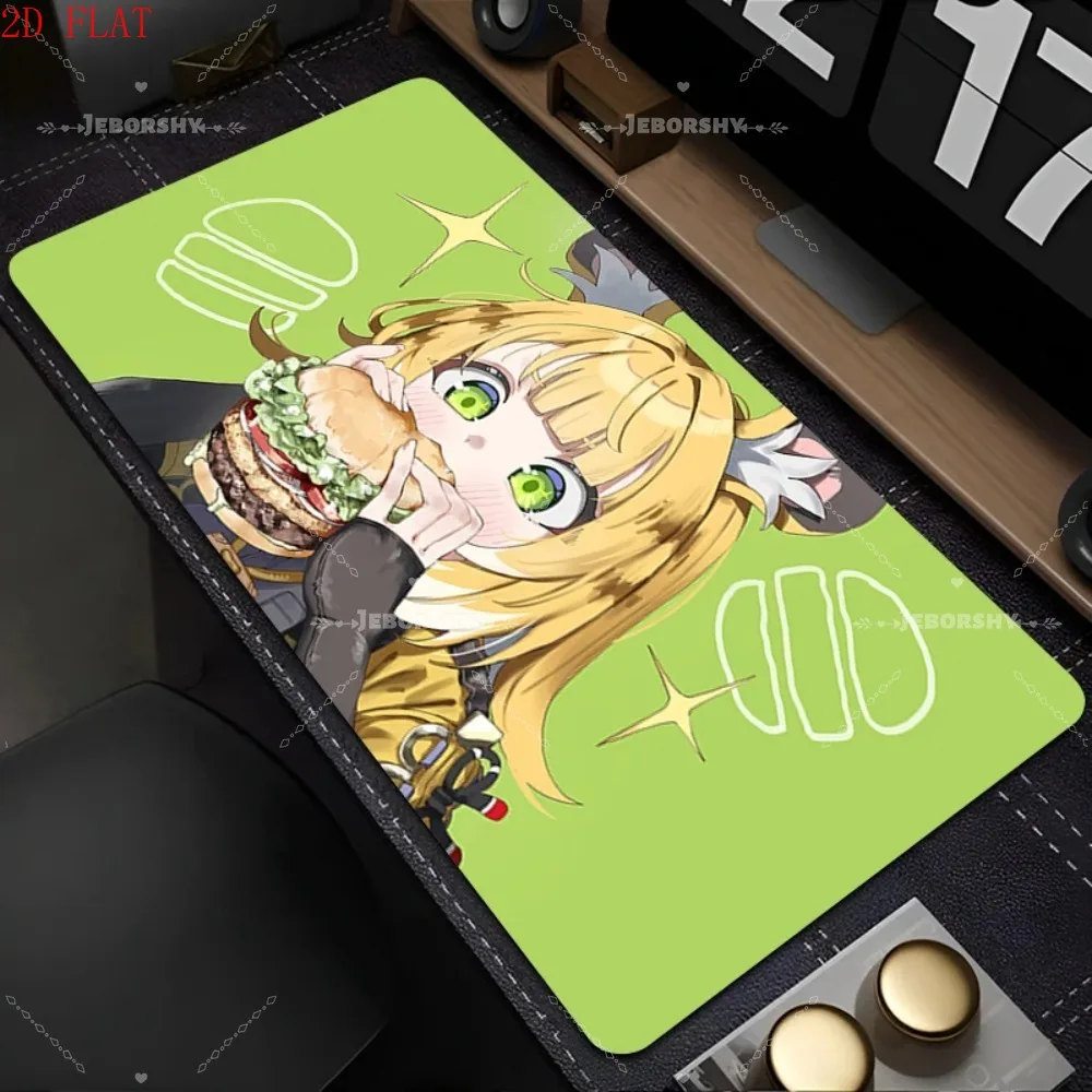 Cute Blonde Anime Girl Desk Mat - Extended Anti-slip Gaming Mouse Pad, Green Eyes & Burger Design, Great Gift