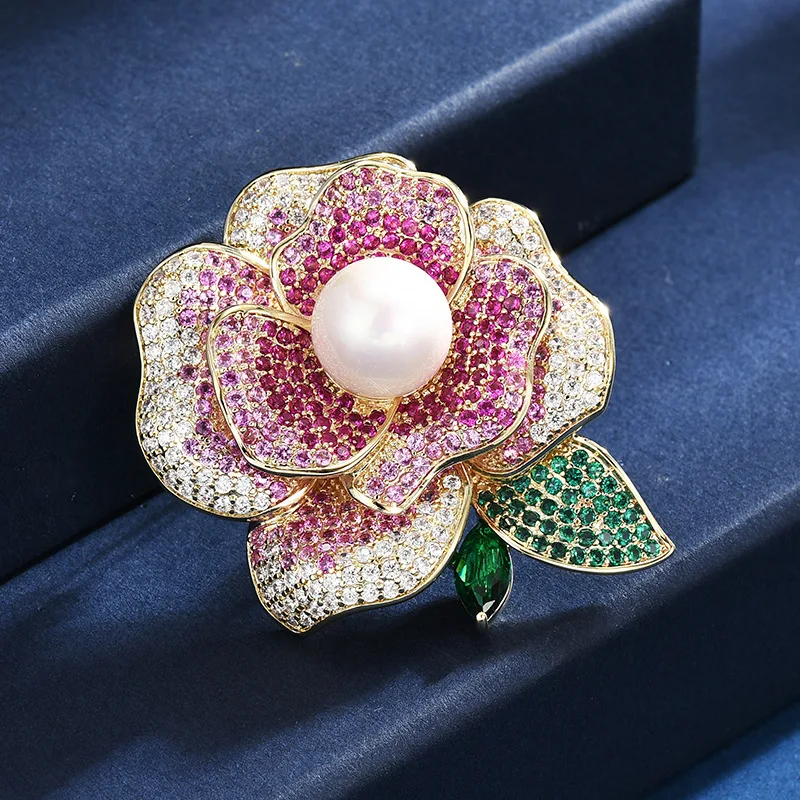 

Heavy Industry Women's Corsage Camellia Brooch Luxury Micro-inlaid Color Zircon Elegant Pearl Accessories Pins High-grade Gift