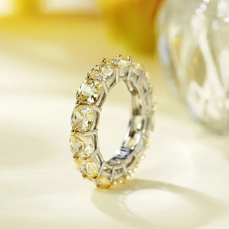 S925 Silver Fat Square 5 * 5mm Yellow Diamond Row Diamond Ring Stacked Diamond Ring Female Ins Wind Ring