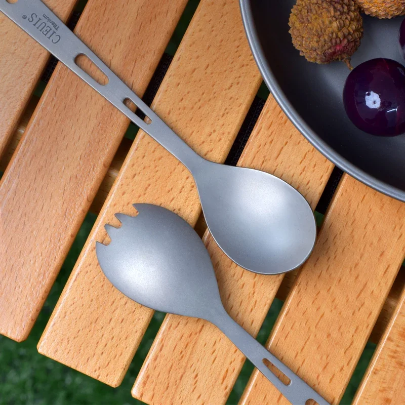 Cieuis Titanium Cutlery Reusable Spoon Spork Set Lightweight Camping Tableware Outdoor Flatware 3 Holes Food Scoop Spork Hiking