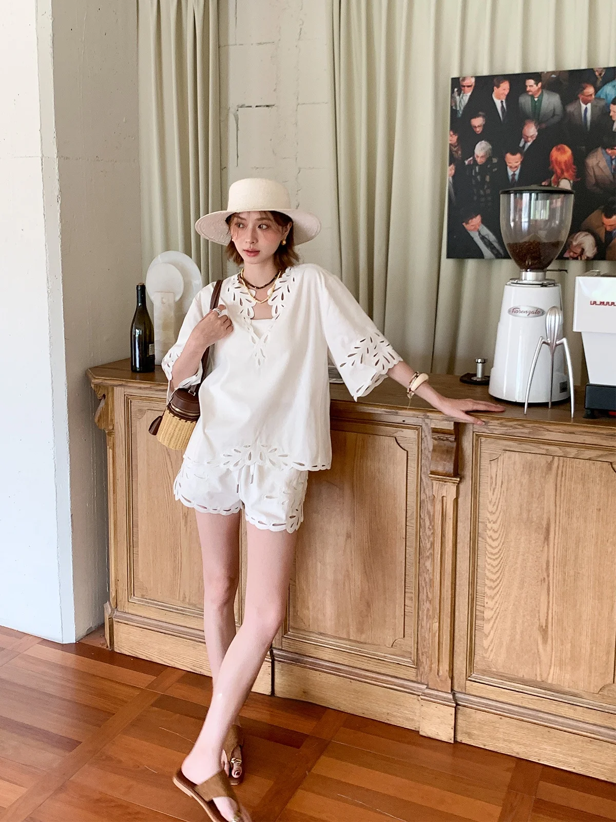 

French Holiday Inspired Women's Cotton Embroidered Top And High Waist orts Set V Ne Two Piece Summer Outfit