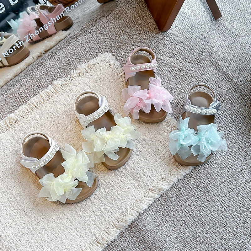 Girls Sandals Colorful Sweet Lace Bows Kids Princess Shoes Open Toes Soft Sole 2026 Summer New Children Beach Shoes Non-slip