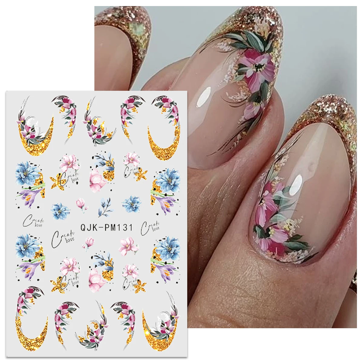 6pcs spring flower and grass glitter nail art stickers, art stickers, easy to apply nail decoration, DIY, gift, wedding party