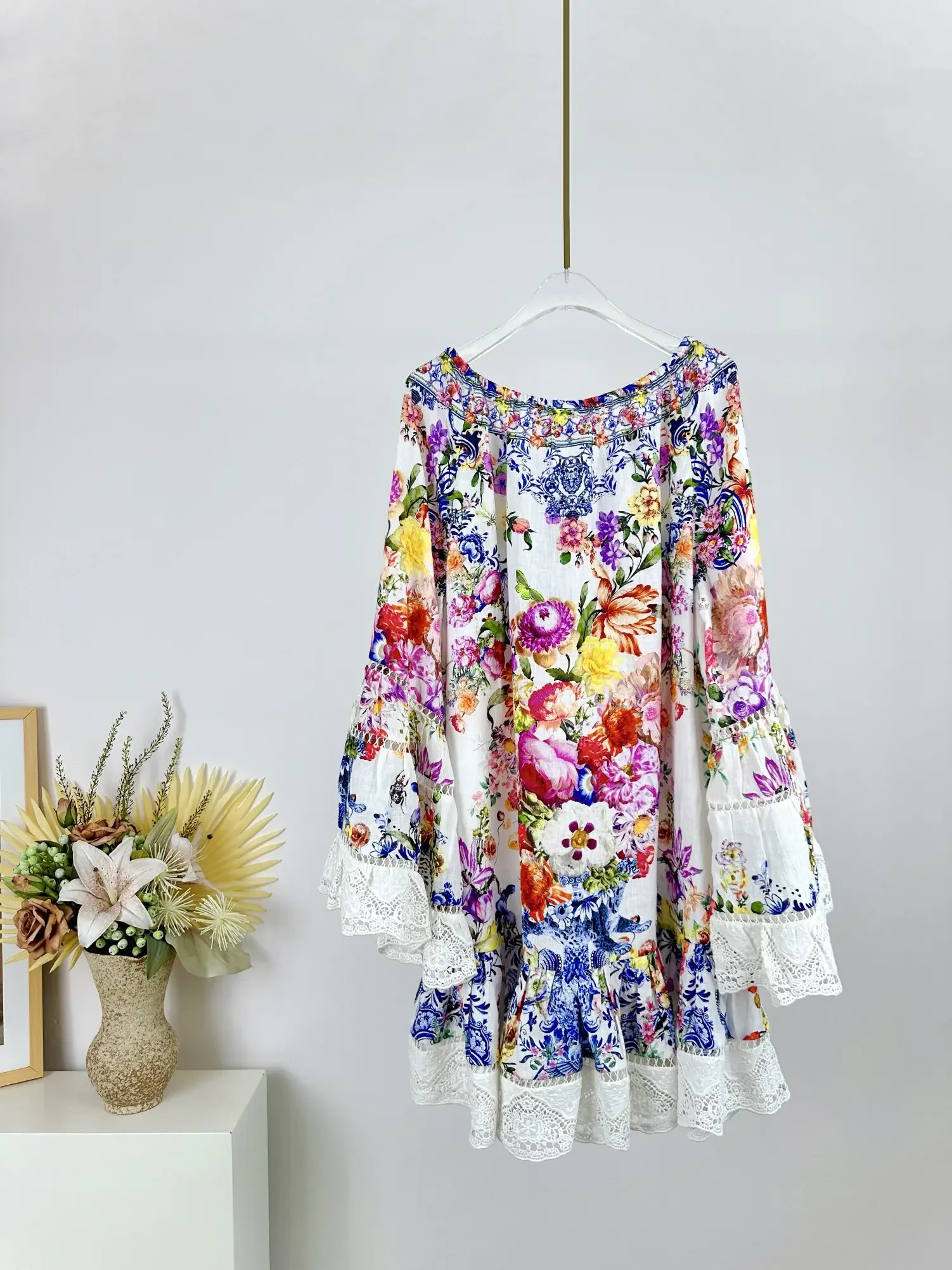 Women Beaded O-Neck Dress Lace Embroidery Spliced Long Sleeve Elegant Mini Robe