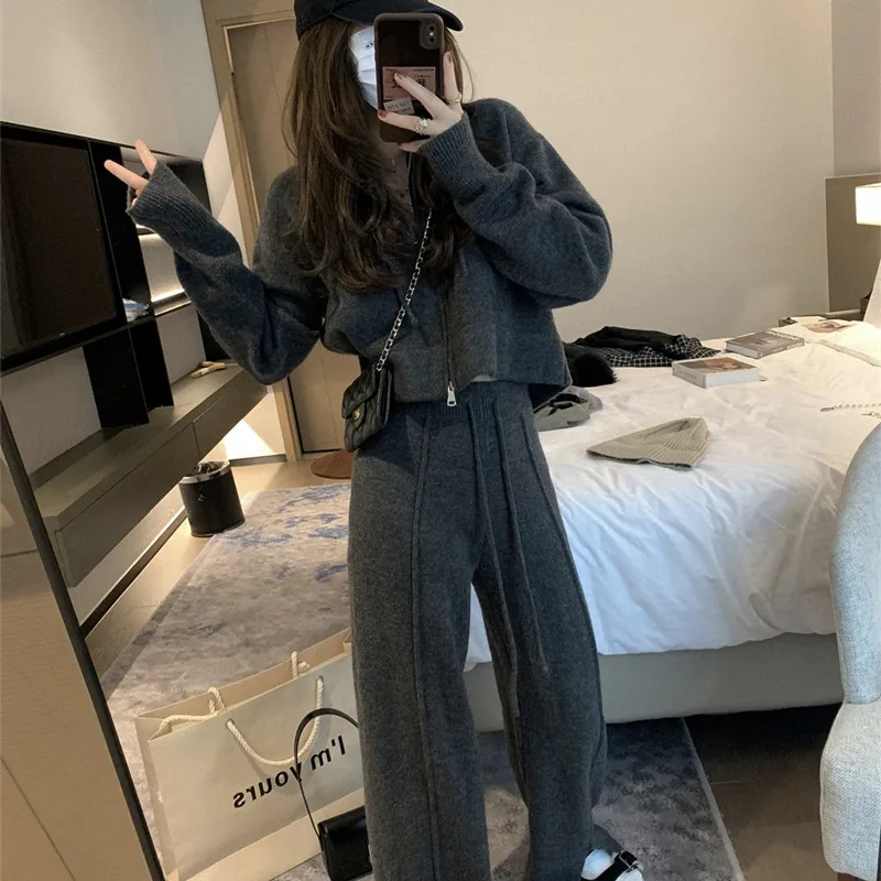 Zipper Front Pajamas for Women Knitted Long Sve Wide Leg Pants Two Piece Set for Women Autumn Winter Pure Color Faion Ensemble