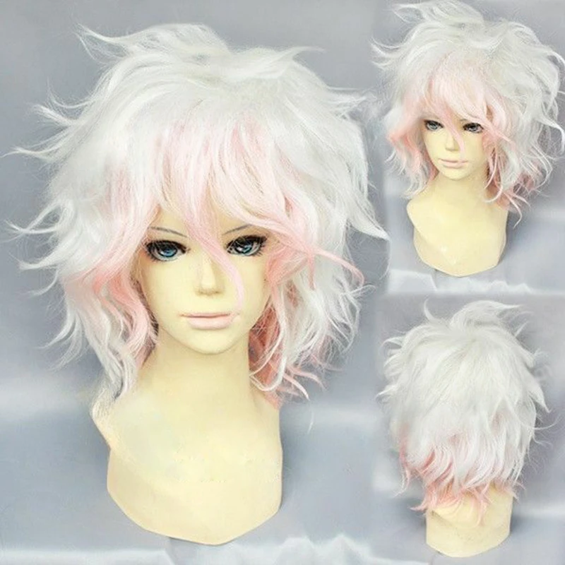 Danganronpa Dangan Ronpa Nagito Komaeda Short White Mixed Pink Curly Wig Heat Resistant Synthetic Hair Wigs