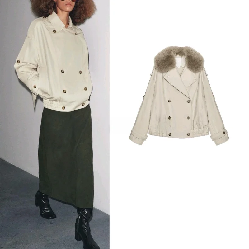 

Autumn Women's Detachable Faux Fur Effect Double Breasted ort Waterproof Windbreaker Jaet 38243 Commute Sle Straight Cut