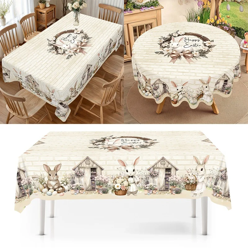 Rustikale Oster-Tischdecke im Landhausstil mit Hasen und Eiern, Osterdekoration für Zuhause, Küche, Esszimmer, Frühlingsgarten-Tischdecke