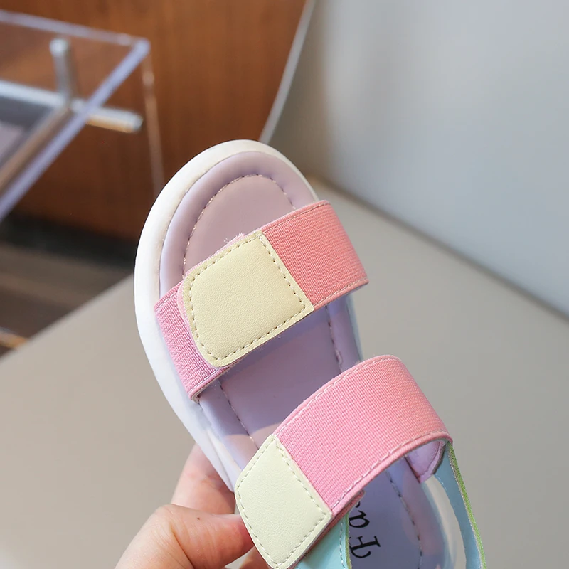 Girls Sports Sandals Mixed-color Decoration Soft Bottom Non-slip Pink Comfortable Velcro PU Upper Open Toe Fashion Kids Shoes