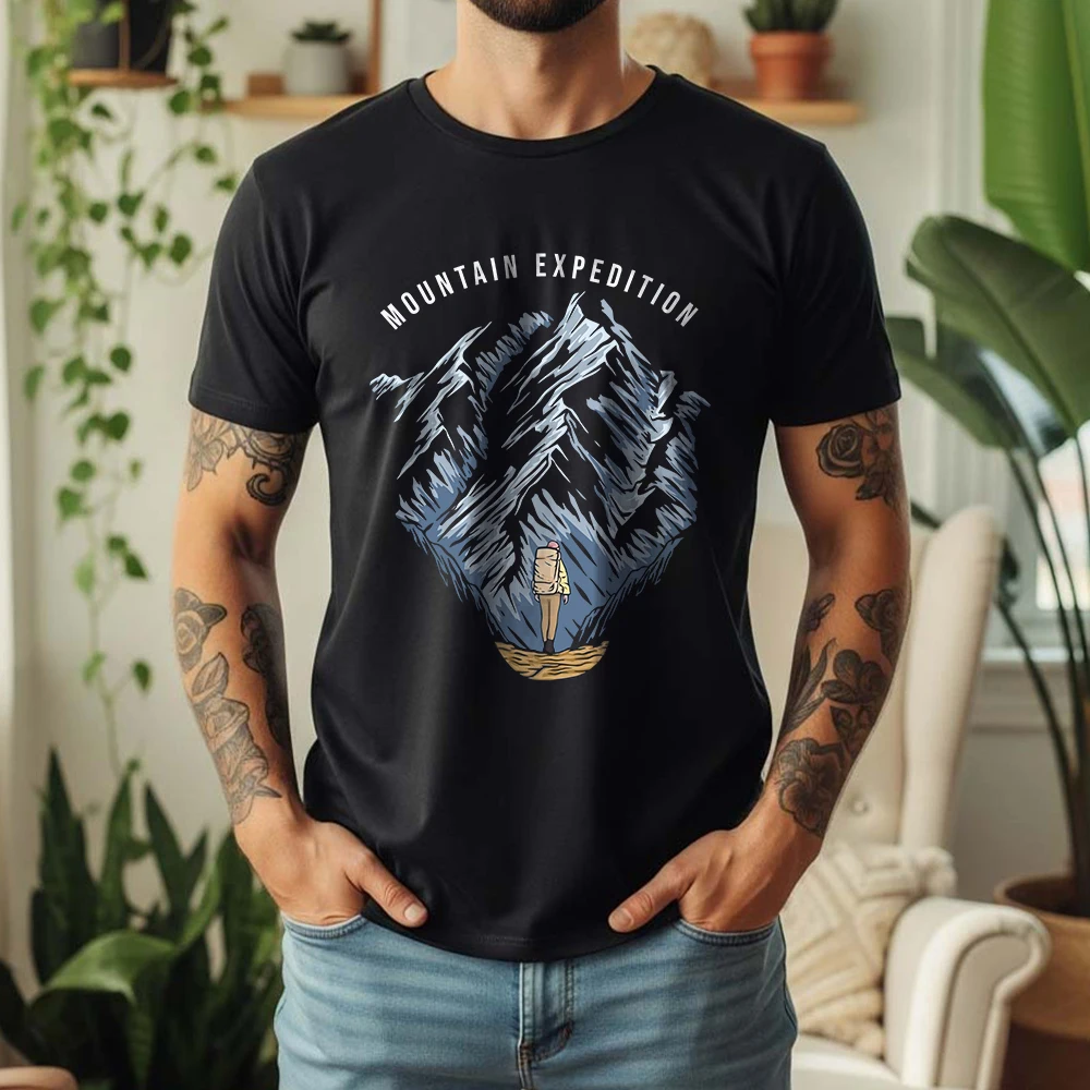 New Summer Men's 100% Pure Cotton T-Shirt Mountain Expedition Hiking Snow Peak Retro Style Casual Tee Breathable Short Sleeve