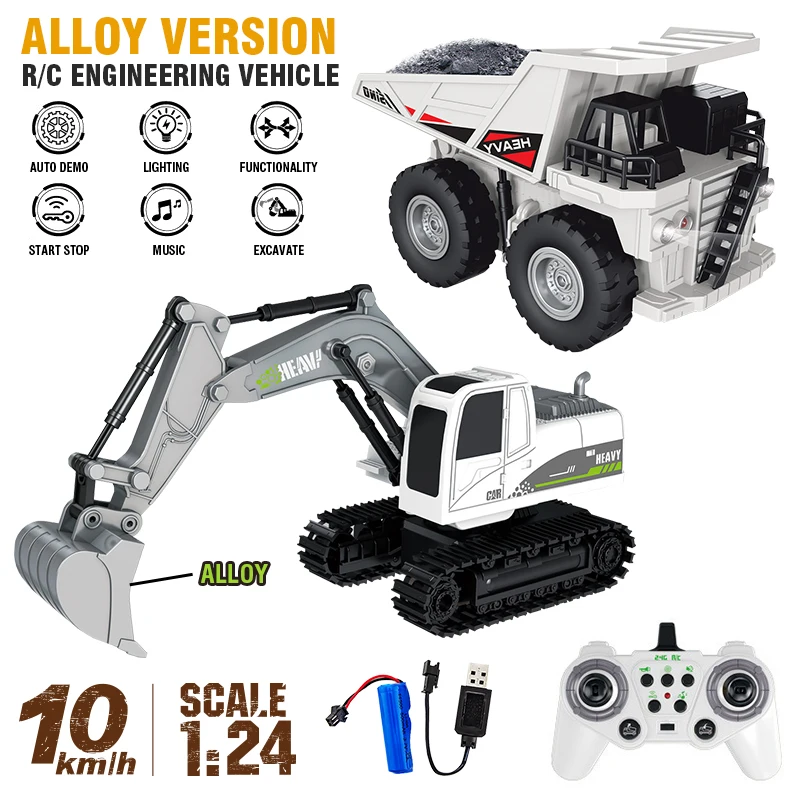 1:24 11Ch Alloy RC Excavator Project 2.4G Remote-Controlled Transport Truck Dump with Lights and Music Toys for Boys Kids Gifts