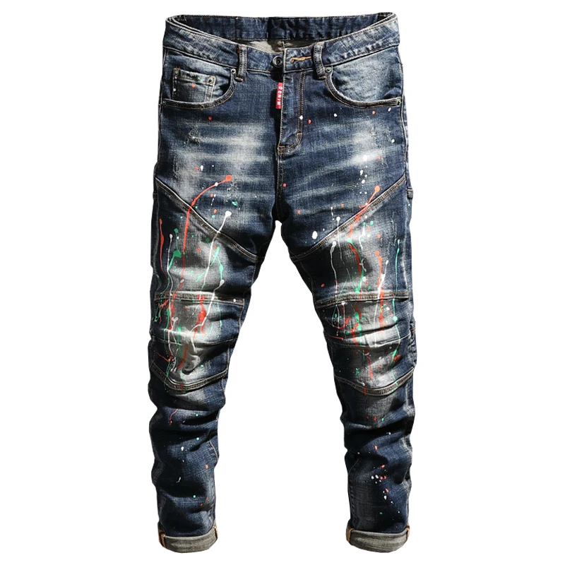 Streetwear Fashion Men Jeans Retro Black Blue Slim Fit Stretch Spliced Designer Biker Jeans Homme Painted Hip Hop Punk Pants Men