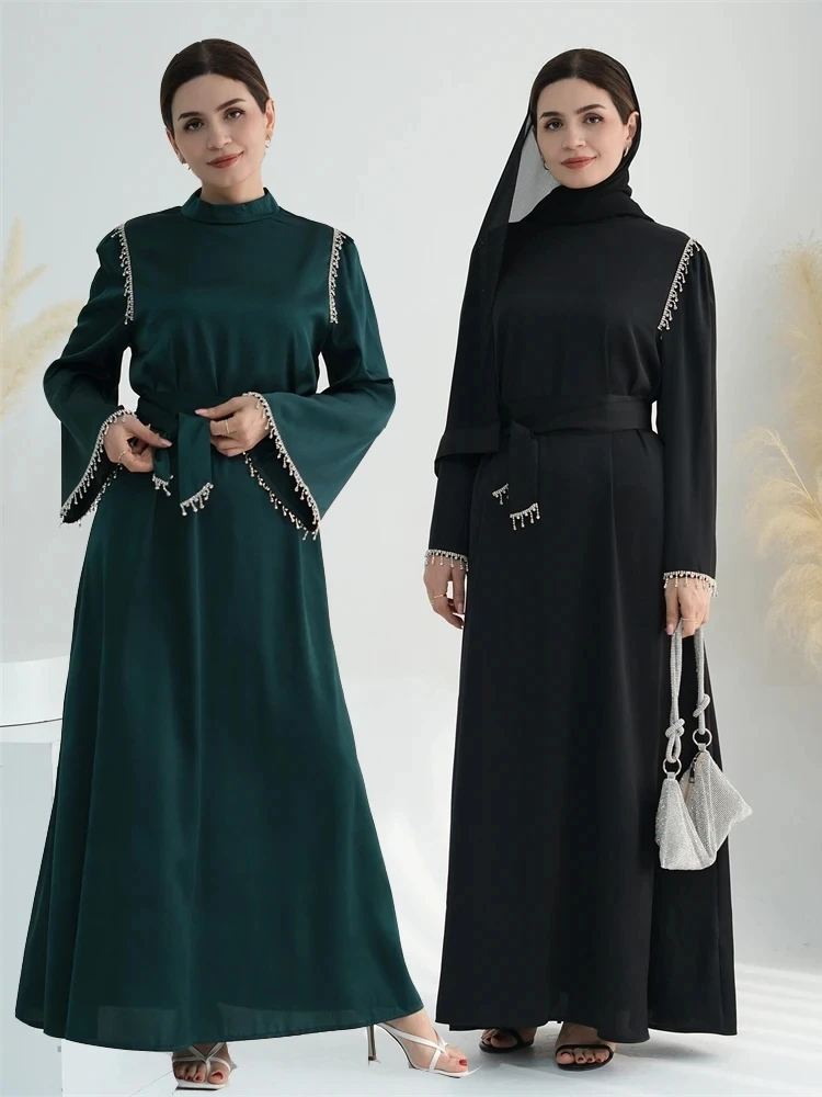 

Ramadan Abaya Turkey Islam Arab Dress Muslim Satin Diamonds Tassel Belted Dress for Women Maxi Robe Party Femme Musulmane Kaftan