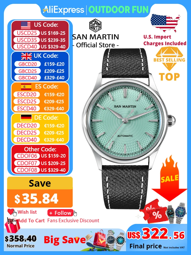 

San Martin 37mm Men Dress Watch 3D Textured Dial ST1812 Casual Fashion Automatic Mechanical Sapphire Clear Caseback SN0110