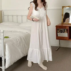 White Korean Summer Nightgown Women Sleeveless Square Collar Long Sleepwear Lace Crochet French Night Dress Elegant Sweet