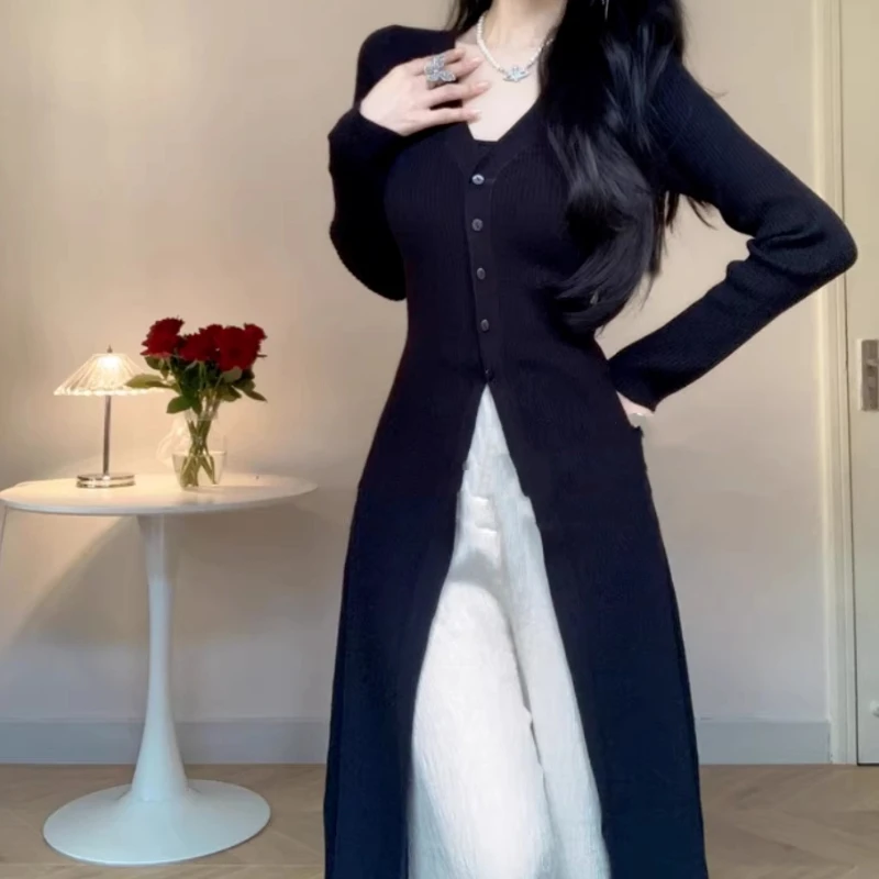 

Long Sleeve Slim Elegant Long Cardigan Spring Autumn Button Simplicity Temperament T Shirt Tops Fashion Vintage Women Clothing
