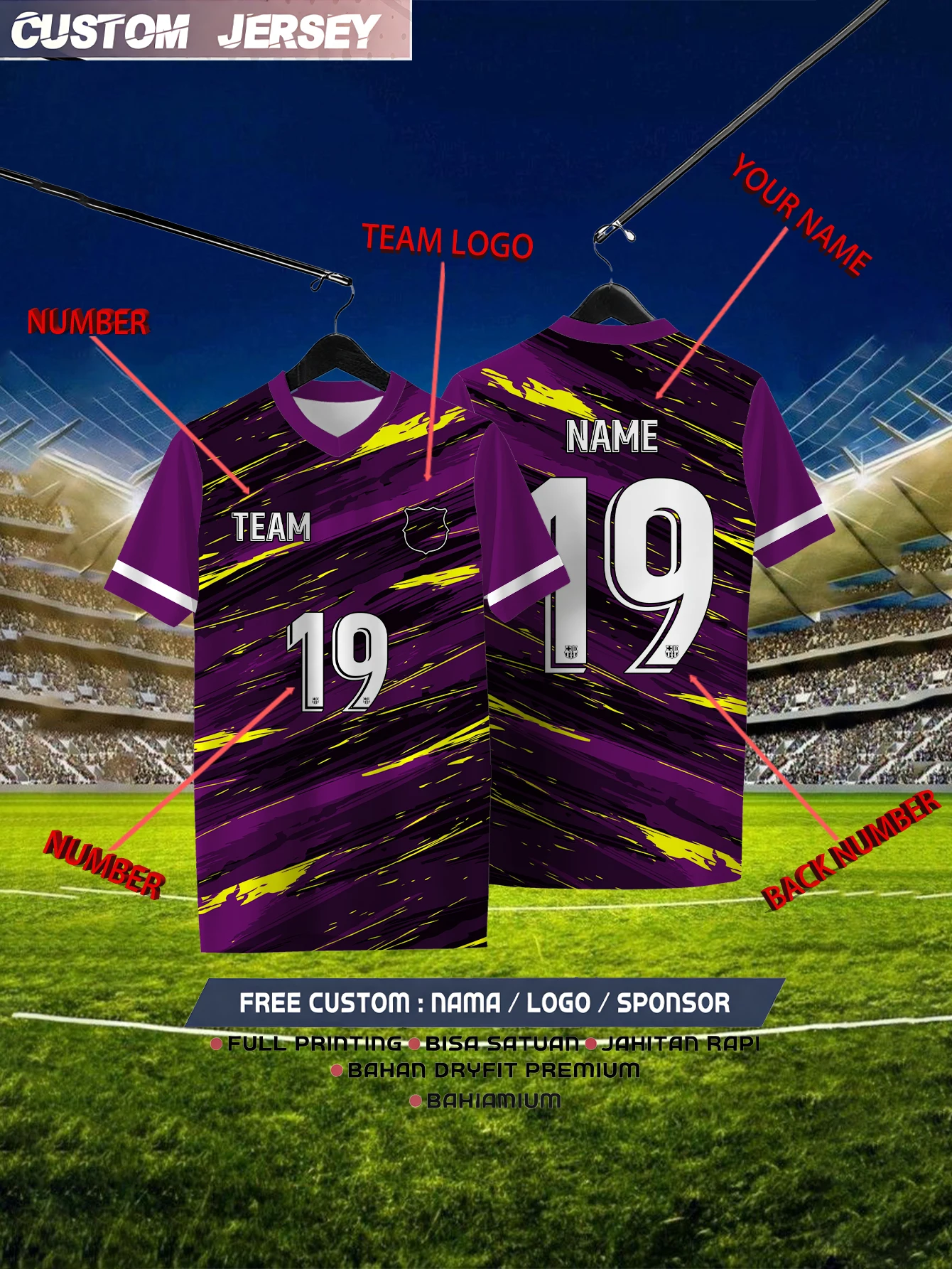 

Customized Geometric Purple Short Sleeved Shirt with Team Name, Emblem, Name and Number, Outdoor Sports Short Sleeved T-shirt