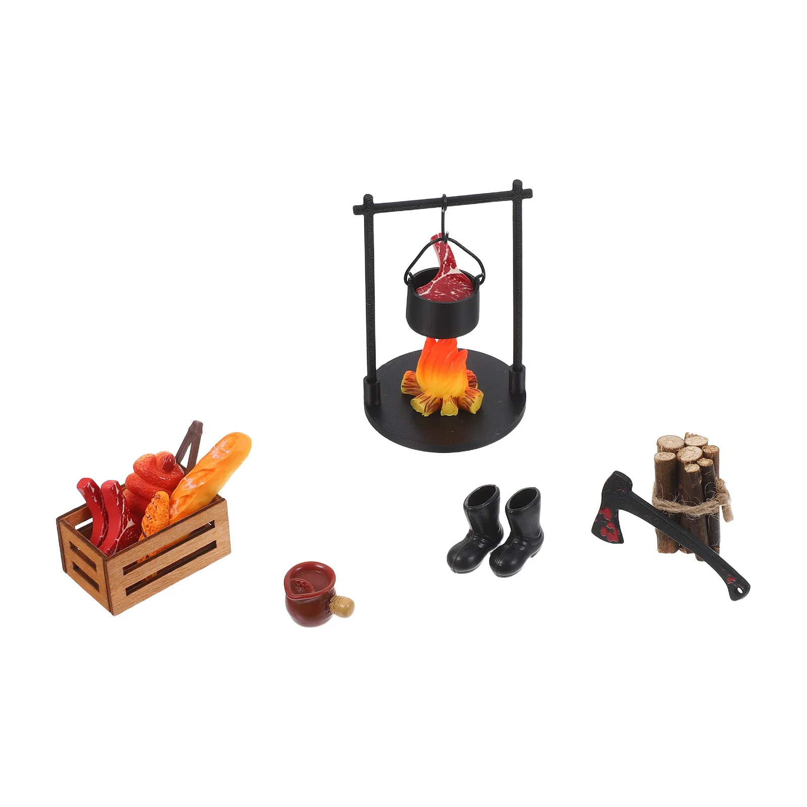 1セット ミニチュア焚き火飾り 樹脂製ファイヤーピット フェイクステーキ バーベキュー小道具 マイクロランドスケープデコレーション ミニチュア暖炉