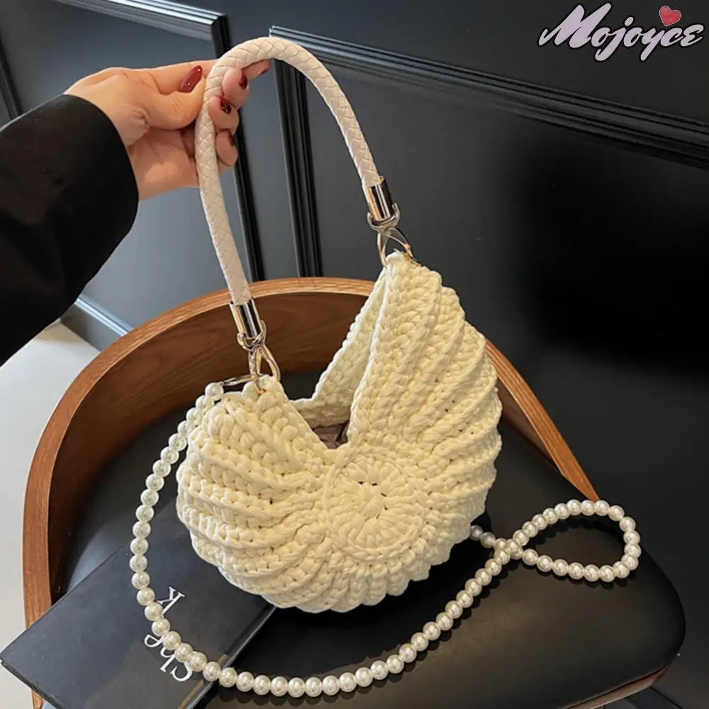 

Handwoven Seashell Crossbody Bag Pearls Chain Beach Shoulder Bag Crochet Conch Shaped Hobo Clutch Women Summer Travel Handbags