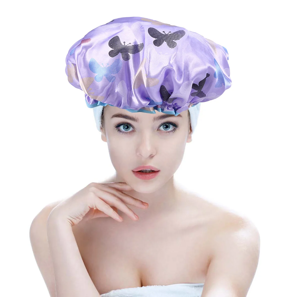 

2pcs Waterproof Shower Cap Women Double Layer Thickened Satin Elastic Bathing Hat For Travel Spa Face Washing Reusable