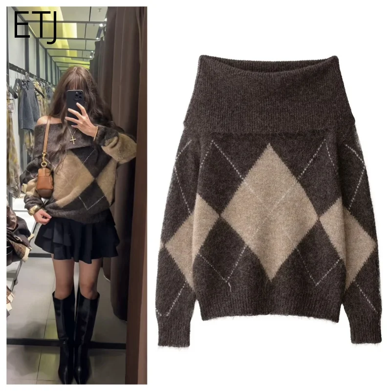 

ETJ 2025 Autumn/winter new collection women's fashion diamond print sexy cut neck off shoulder straight ribbed long-sleeved knit