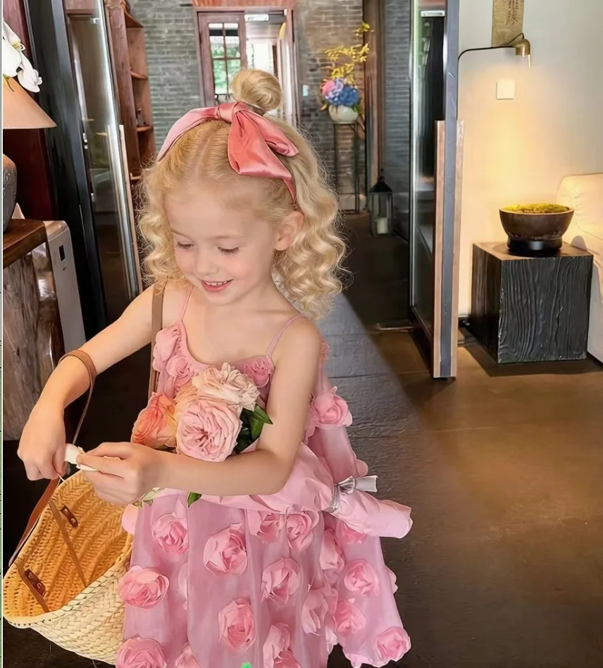 2026 New Baby Summer Girls Pink Floral Sling Dress, Princess Kids Sweet Fashion Party Dress 2-7T