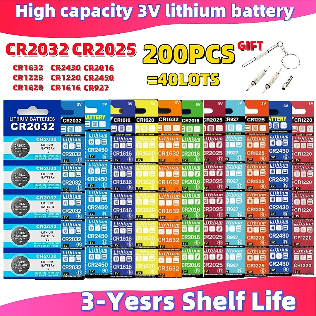 

Оптовая продажа, 200 шт., литиевая батарея CR2032 3 В, CR2025 CR2016 CR1620 CR2450 CR1632, кнопочная батарея CR2032 Batteria для часов, игрушечного автомобиля