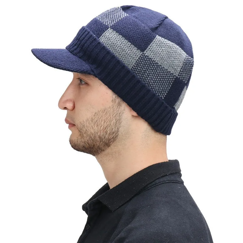 Plaid Splice Color Block Knitted Beanie Fleece Lined Brim Ear Flap Hat Winter Warm Skull Cap