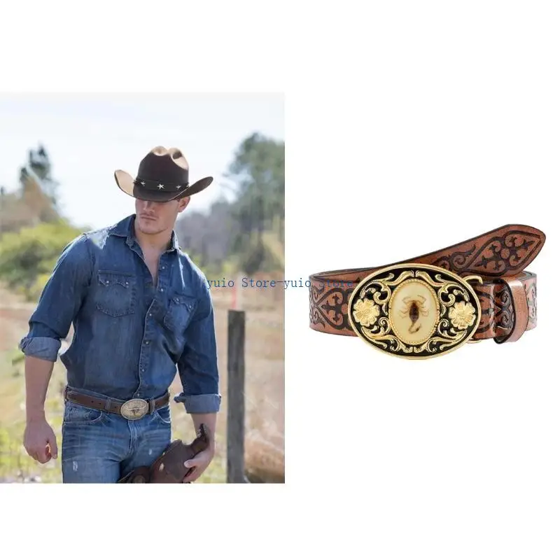 X7XB Western Men Belt for Pants Embossed Glowing Buckle Waist Belt Ethnic Pin Buckle Cowboy Belt Vintage Women Accessories