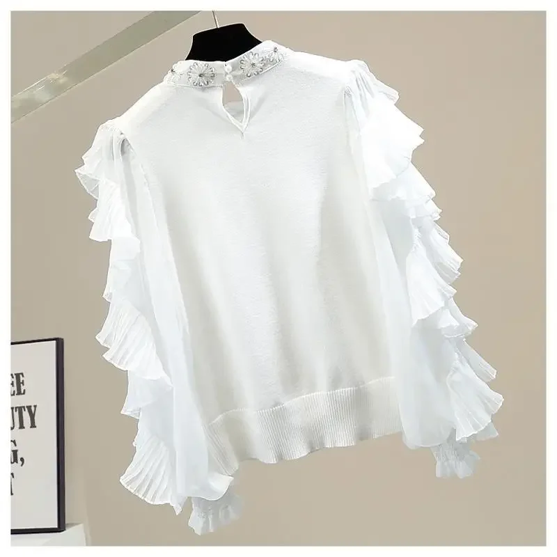 Heavy Work Sequins Beaded Diamonds Sweet Blouse Three-dimensional Ruffles Patchwork Lantern Sleeve Shirts Stand Collar Solid Top