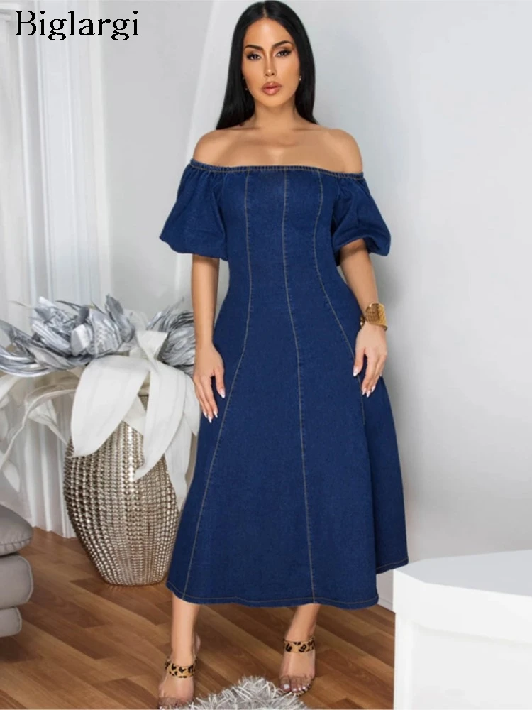 

Denim Retro Summer Dress Women Off Shoulder Backless Fashion Ruffle Slim High Waist Ladies Dresses A-Line Woman Long Dress