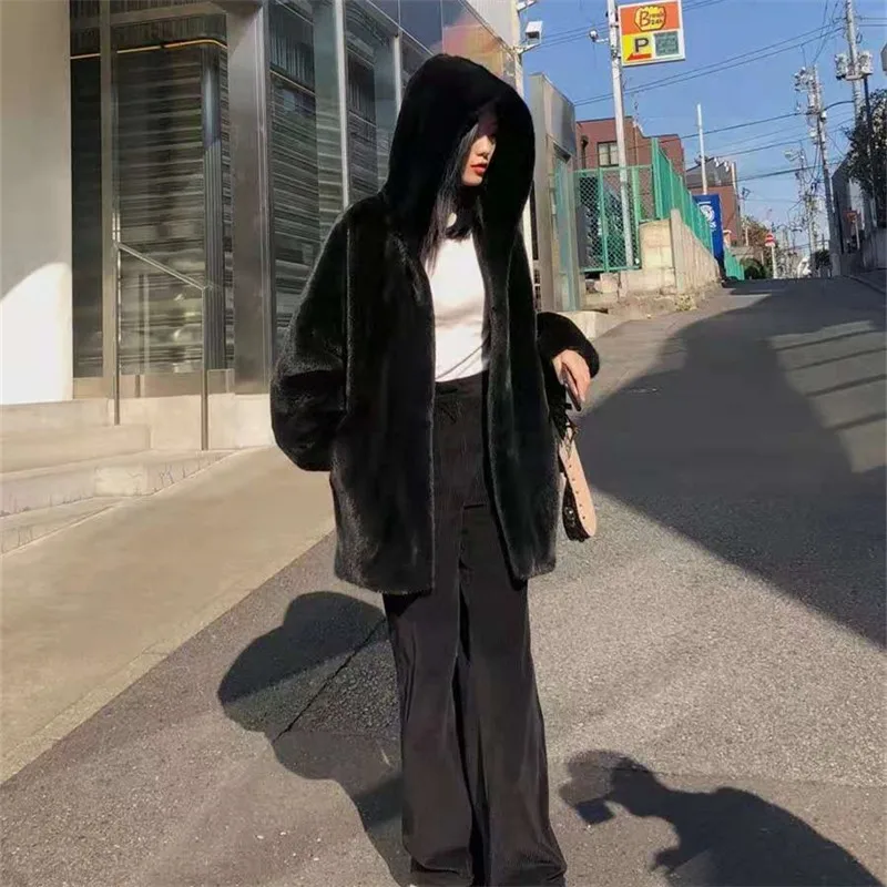 High Quality Imitation Fur Mink Coat Women's New Medium Long Artificial Wool Korean Hooded Loose Lazy Style Fashion Girl Jacket