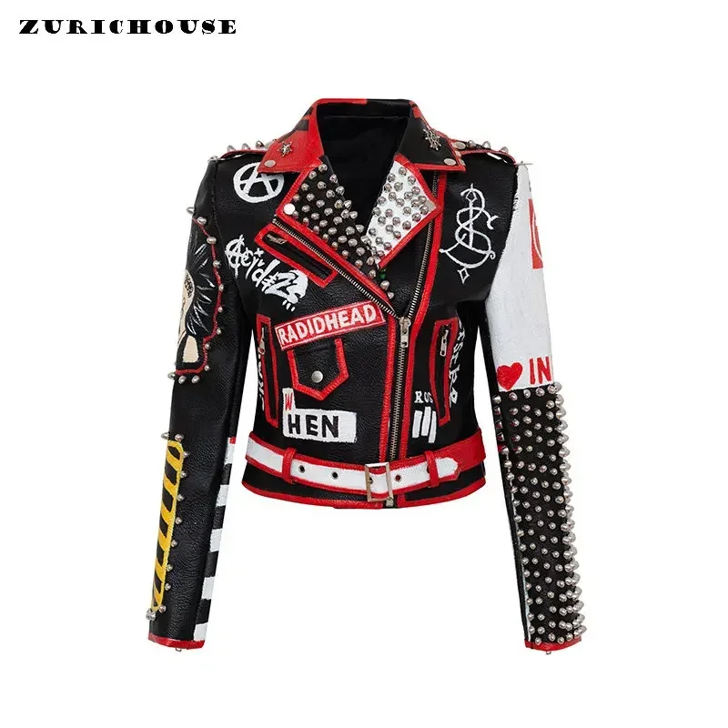 

Rock Punk Motorcycle Leather Jacket Women 2024 Trend Metal Rivets Streetwear Graffiti Print Faux Leather Cropped Jacket S-XXXL