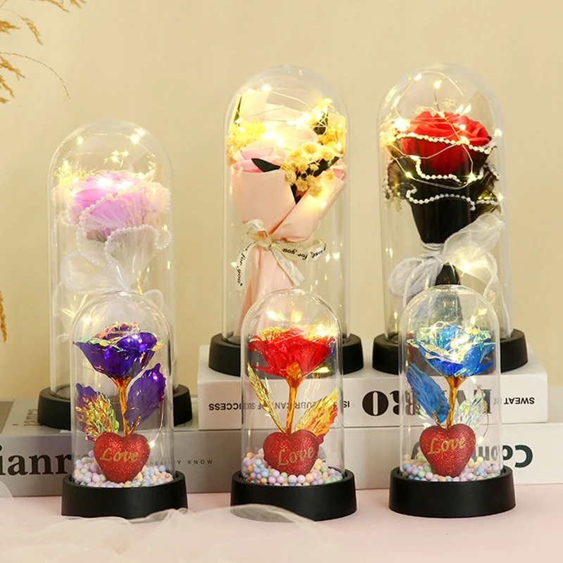 

Eternal Red Rose in Glass Home Decor Rose with Glass Cover Light Up Valentine's Day Mother's Day Gift Wedding LED Galaxy Rose