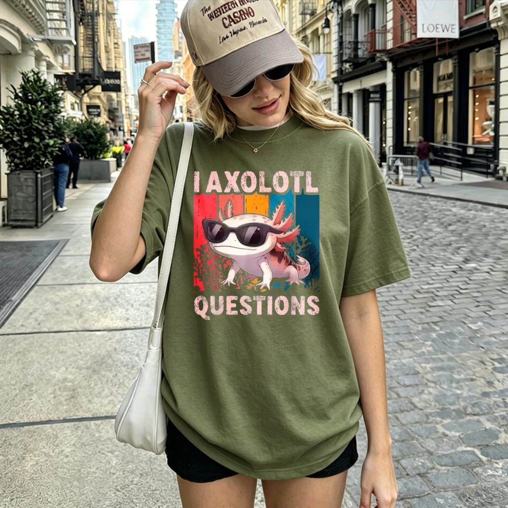 Vintage Retro Striped Background Sunglasses Axolotl I Axolotl Questions T Shirt Distressed Cotton Tee Cool Animal Pun Casual Tee