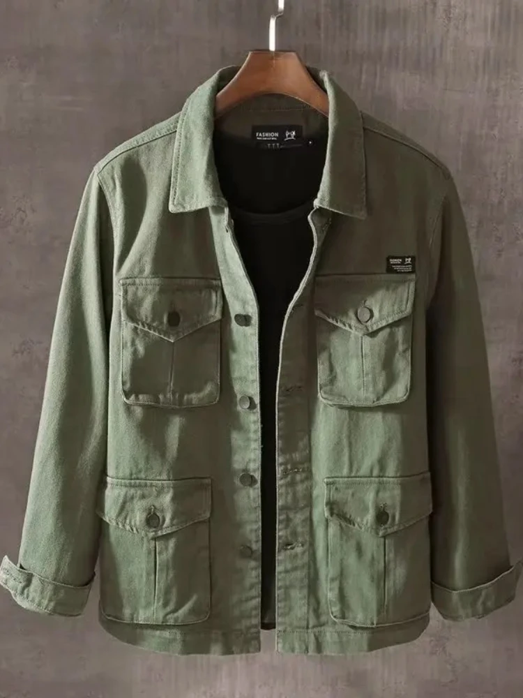 

Men's Multi Pocket Denim Jacket Green Shirt Collar Americana Workwear Oversized Button Spring Fall Cargo Street Casual Coat