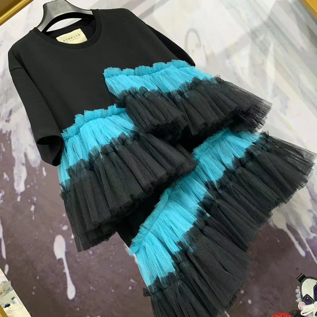 New Design 2023 Spring Summer Women Short Sleeve T-shirt Loose Oversize Top Patchwork Mesh Ruffles Mid-long Tee Dresses Casual