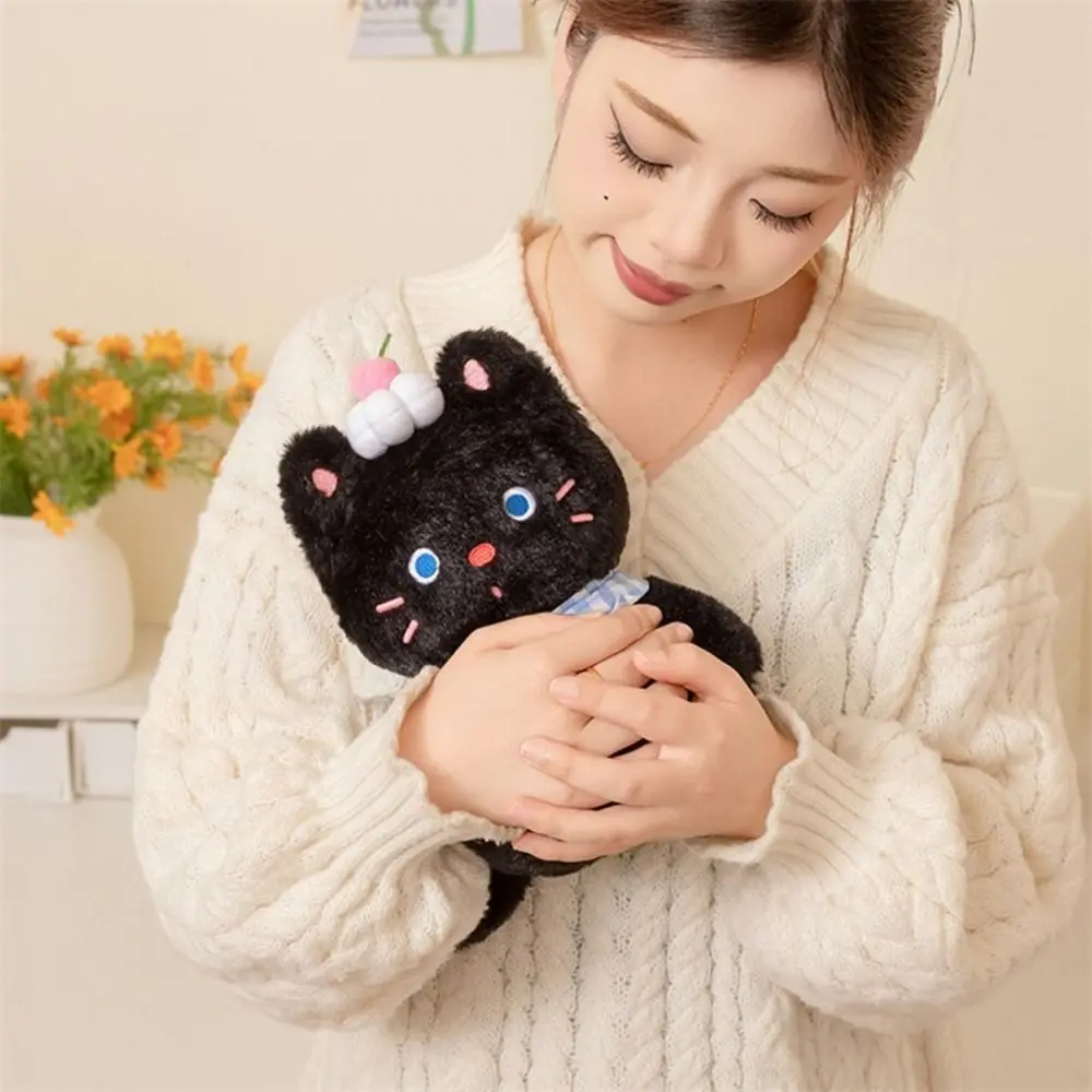 

Creative Sitting Pose Black Cat PP Cotton with Cream Cake Stuffed Black Kitten Fluffy Comfortable Meow Meow Children