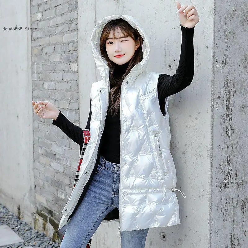 Shiny Down Cotton Mid-Length Women's Vest Autumn and Winter Student Unisex Wash-Free Thickened Capelet Coat