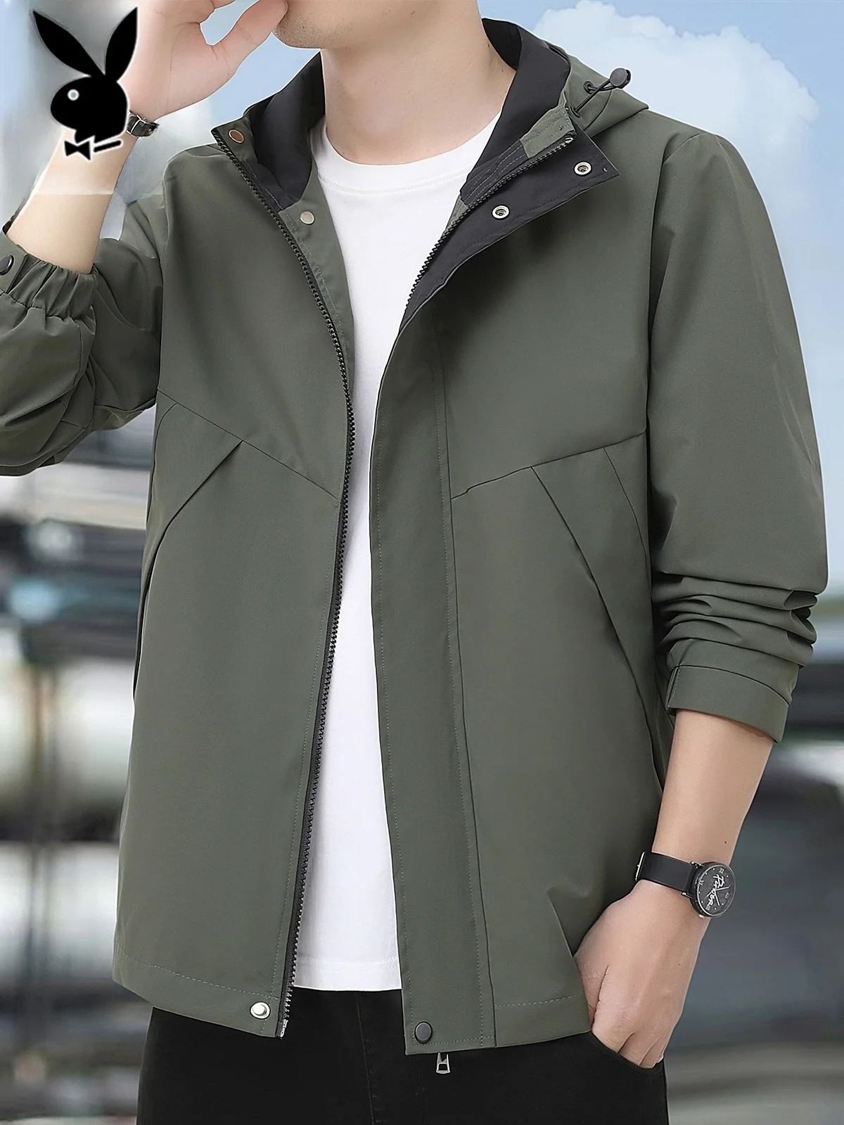 

Men's Hooded Jaet Outdoor Windproof Autumn Faion Loose Outerwear Polyester Fiber Long Sve Zipper Closure Youth...