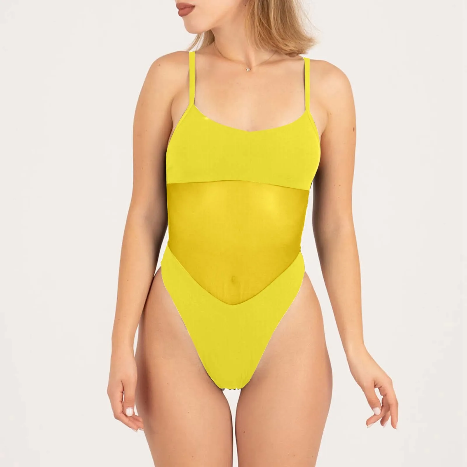 

Women'S Sunbathing Beachwear Perspective Mesh Transparent Spaghetti Strap Yellow Sexy Swimwear Skinny Backless Breathable Bikini