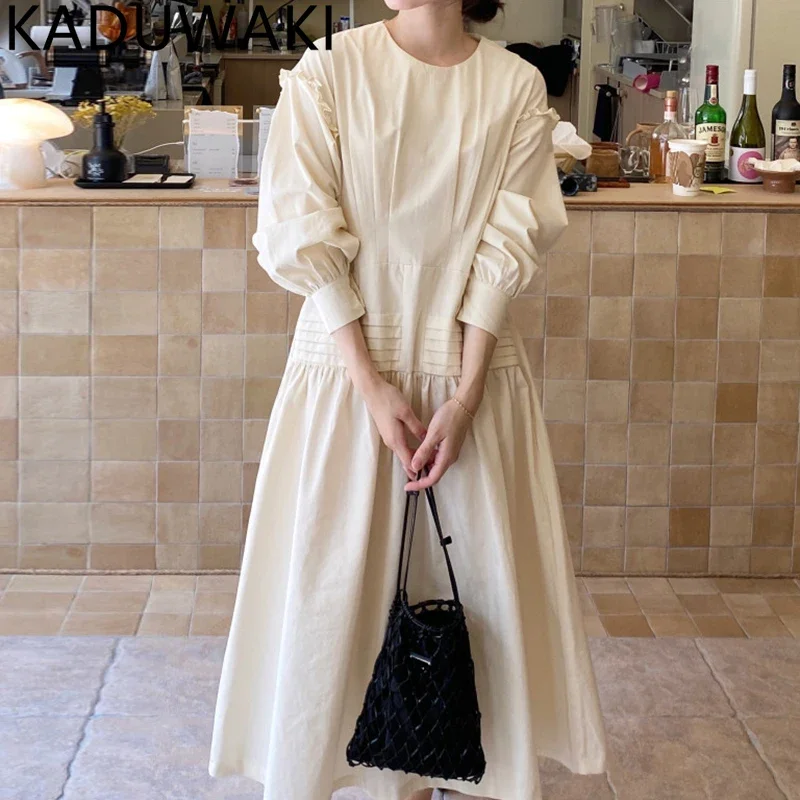 Autumn 2024 New O Neck Puff Sleeve Dress Women Loose Casual Vintage Elegant Vestidos Mujer Korean Chic Simple Streetwear Robe