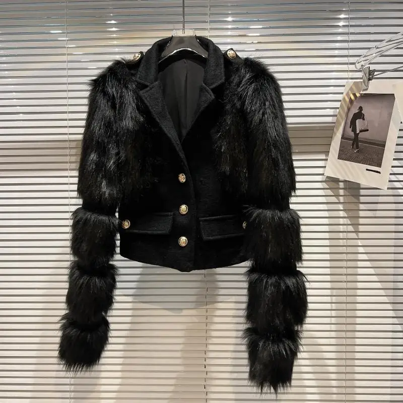 

2022 Fashion Spring Fur Stitching Wool Women Coat Super Warm Windproof Casual Outdoor Womens Jacket Female Short Black Suit Top