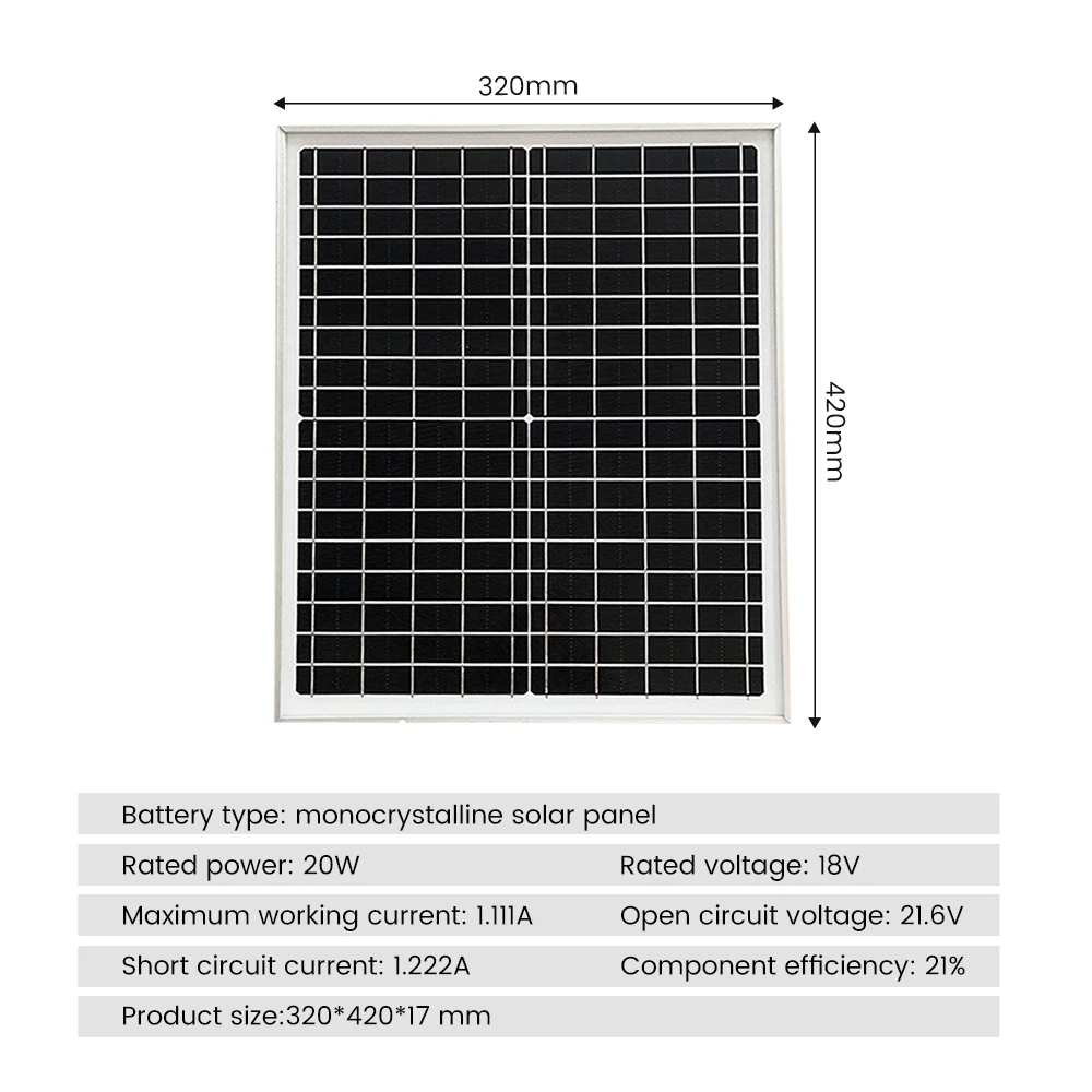 SUNYIMA 20W 18V Solar Panel Monocrystalline Silicon 420*320mm Solar Photovoltaic Cell Home Outdoor Power Supply