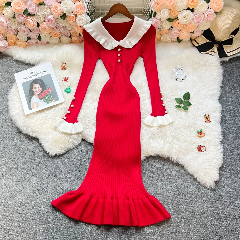 YuooMuoo 유럽 패션 인어 파티 드레스 2026 가을 겨울 긴 소매 슬림 탄성 바디콘 니트 롱 드레스 여성 의류