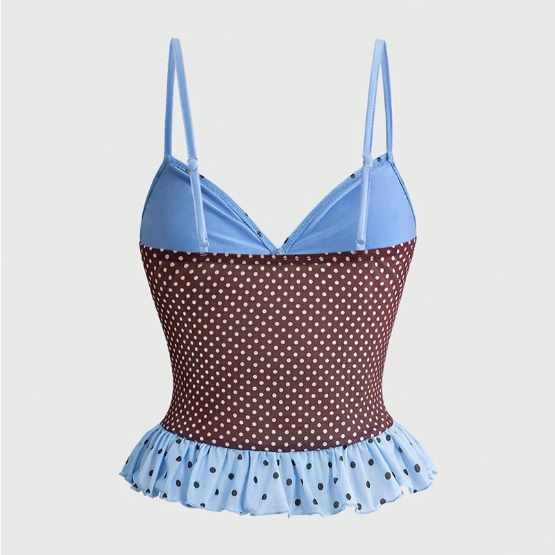 Korean new contrast atmosphere polka dots ruffled thin shoulder straps V-neck top slim sexy Joker vest Y2k Style